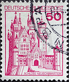 GERMANY - CIRCA 1977: a postage stamp from Germany, showing historical castles in Germany. Neuschwanstein Castle