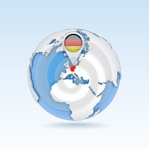 Germany - country map and flag located on globe, world map.
