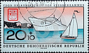 GERMANY, DDR - CIRCA 1960 : a postage stamp from Germany, GDR showing the FDGB holiday ship Fritz Heckert on the Baltic Sea in fro