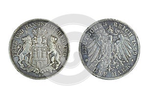 Germany Empire Hamburg silver coin 5 five marks 1899 lions support shield with fortress, imperial eagle with shield on chest, crow