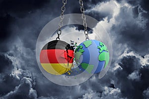 Germany flag ball smashing into planet earth. Global impact and disaster concept. 3D Render