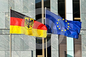 Germany Flag and EU Flag: Germany Federal Republic of Germany; in German: Bundesrepublik Deutschland and the European Union EU