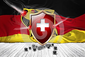 Germany flag with Metal Shiny red shield. virus protection, hygiene shield. virus Vaccine Protection aganst coronavirus, Health