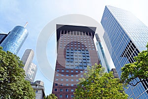 Germany, Frankfurt am Main, highrise buidlings, left to right - Main Tower, Garden Tower, Japan Center, Commerzbank Tower, Taunus