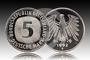 Germany german coin five 5 marks, circulation coin, small change, minted 1992