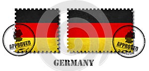 Germany or german flag pattern postage stamp with grunge old scratch texture and affix a seal on isolated background . Black color