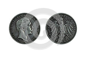 Germany German Prussia Prussian silver coin 3 three mark 1910, head of Kaiser Wilhelm II , imperial eagle with shield on chest photo