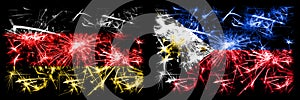 Germany, German vs Philippines, Filipino New Year celebration travel sparkling fireworks flags concept background. Combination of