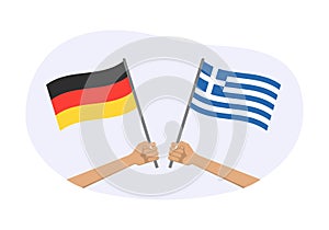 Germany and Greece flags. Greek and German national symbols. Hand holding waving flag. Vector