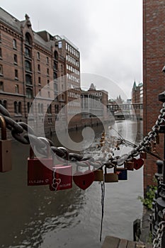 Locks on a bridge in Hamburg for lovers and strong relationships.