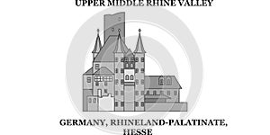Germany, Hesse, Upper Middle Rhine Valley city skyline isolated vector illustration, icons