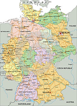 Germany - Highly detailed editable political map with separated layers.