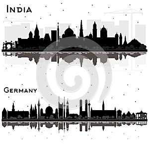 Germany and India City Skyline Silhouettes Set with Black Buildings and Reflections Isolated on White
