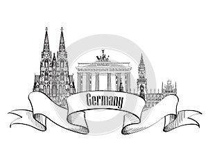 Germany label. Travel German cities symbol. Famous german architectural landmarks.