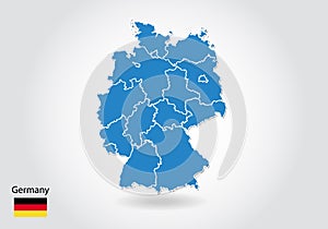 Germany map design with 3D style. Blue germany map and National flag. Simple vector map with contour, shape, outline, on white