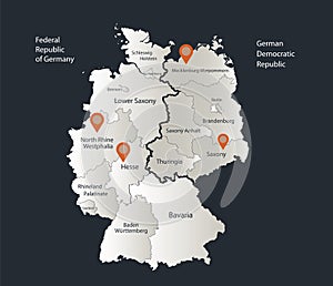 Germany map divided on West and East Germany, Infographics flat design colors snow white, with names of individual regions