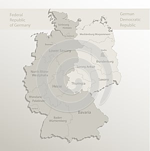 Germany map divided on West and East Germany with regions, card paper 3D natural