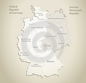 Germany map divided on West and East Germany with regions, and names map, old paper background