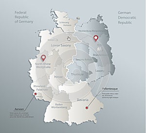 Germany map divided on West and East  map, administrative division with names, blue white card paper 3D