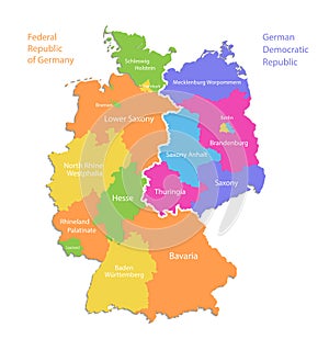 Germany map divided on West and East map, administrative division, separate regions with names, color map isolated on white