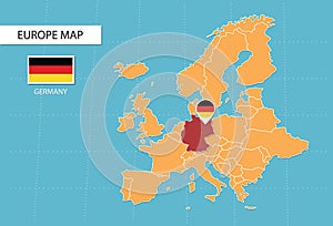 Germany map in Europe, icons showing Germany location and flags