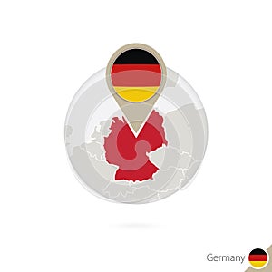 Germany map and flag in circle. Map of Germany, Germany flag pin