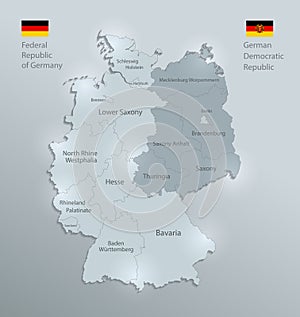 Germany map and flag divided on West and East Germany with regions, design glass card 3D