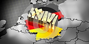 Germany map and flag, gold ingots - 3D illustration