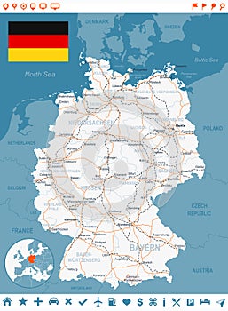 Germany map, flag, navigation labels, roads - illustration.