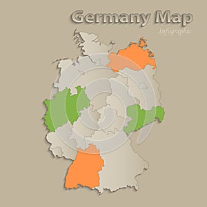 Germany map with individual states separated, infographics with icons