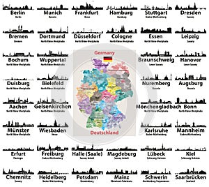 Germany map with largest cities skylines silhouettes vector set