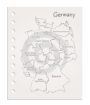 Germany map on realistic clean sheet of paper torn from block