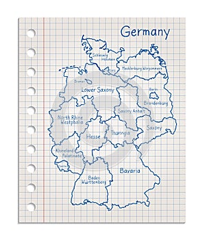 Germany map on a realistic squared sheet of paper torn from a block