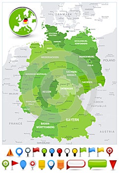 Germany Map Spot Green Colors and glossy icons