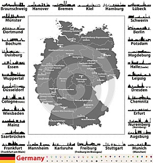 Germany map with state capitals and largest cities skylines silhouettes