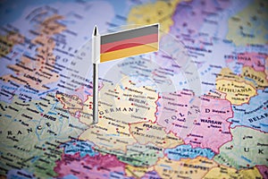 Germany marked with a flag on the map
