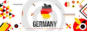 Germany national or independence day banner for country celebration. Flag and map of Germany with raised fists. Modern retro