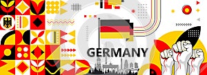 Germany national or independence day banner for country celebration. Flag and map of Germany with raised fists. Modern retro