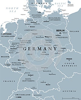 Germany, officially the Federal Republic of Germany, gray political map