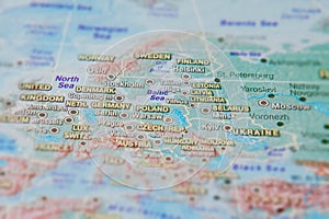 Germany, Poland and other countries of Europe in close up on the map. Focus on the name of country. Vignetting effect
