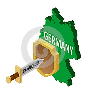 Germany protection against coronavirus COVID-19. A coronavirus in the form of a sword attacks the country of Germany, protected by