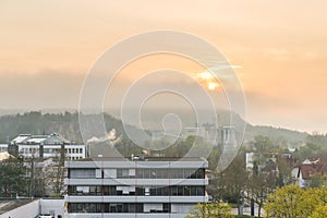 Germany, Regensburg, April 04, 2017, Sunrise above the business park in Regensburg