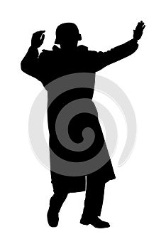 Germany soldier surrender with raised hands in height vector silhouette.