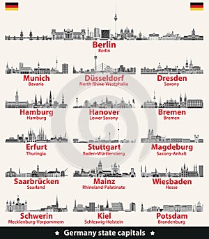 Germany state capitals black and white vector detailed skylines.