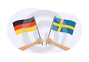 Germany and Sweden flags. German and Swedish national symbols. Hand holding waving flag. Vector
