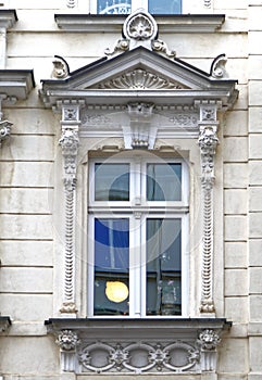 Germany Thuringen, decorated window of vintage building, lights on inside photo