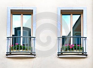 Germany Thuringen, two French-style balconies on apartment building facade