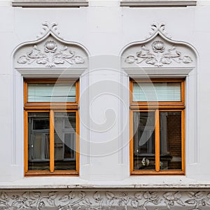 Germany Thuringen, two windows of vintage art deco building facade