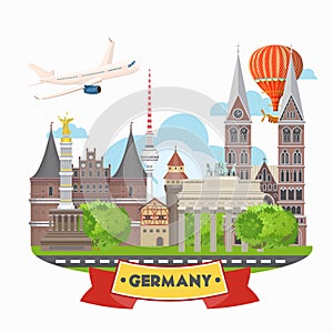 Germany travel poster with airplane. Trip architecture concept. Touristic background with landmarks, castles, monuments.