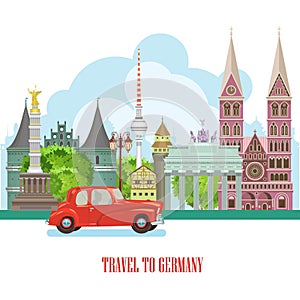 Germany travel poster with red car. Trip architecture concept. Touristic background with landmarks, castles, monuments.